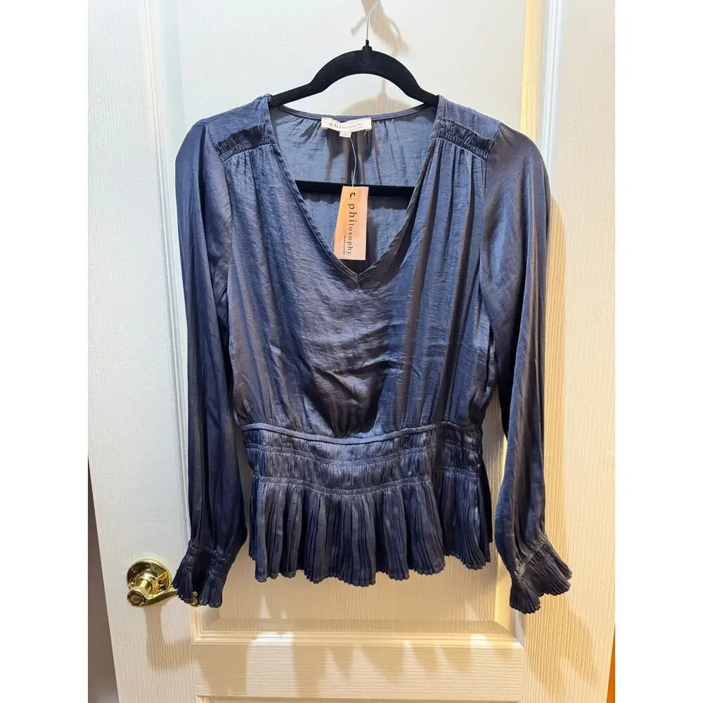 Philosophy Dusty Blue Pleated Blouse Small Long Sleeve V Neck Romantic Boho Top